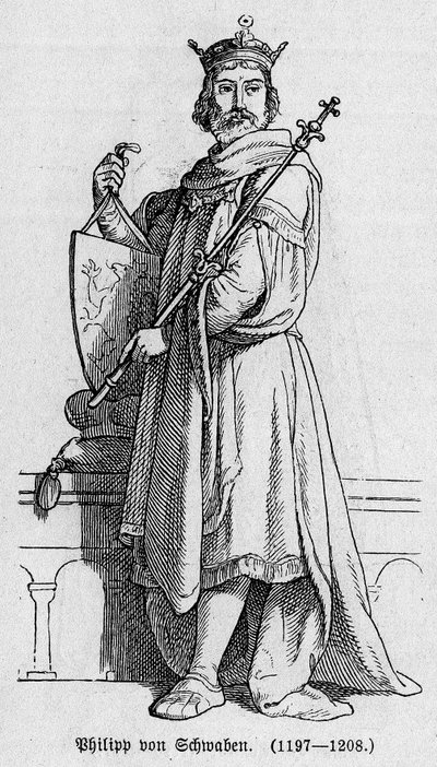 Porträtt av Filip I av Schwaben gjorde Filip av Hohenstaufen (1176-1208), tysk kejsare, kung av romarna och kung av Italien. Gravyr i "" Kaiser, Konig und Papft"" av Richard Roth av German School