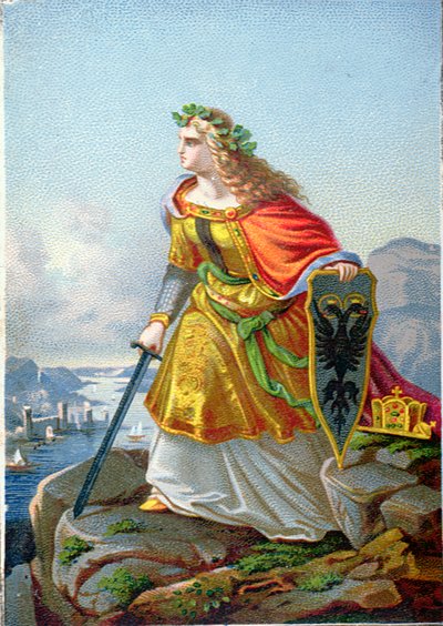 Vykort föreställande Germanien och Rhen, c.1860 av German School