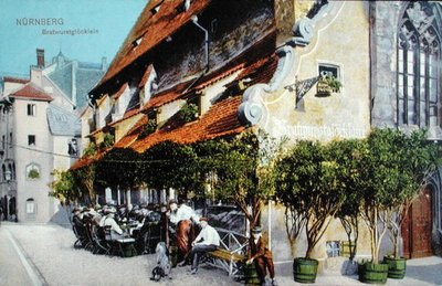 Vykort som visar restaurangen Bratwurstglocklein i Nürnberg, före 1914 (färgad bild) av German School
