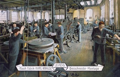 Vykort föreställande Karl Krause-fabriken i Leipzig, ca 1905 (färgat foto) av German School