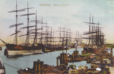 Vykort över segelfartygshamnen i Hamburg, ca 1900 (färgat foto) av German School