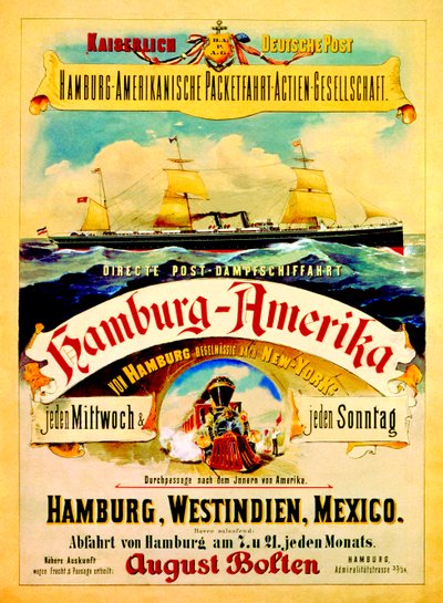Affisch som annonserar Hamburgs amerikanska linje, 1883 av German School