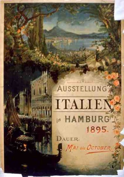 Affisch som annonserar den italienska utställningen i Hamburg, maj-oktober 1895 (litho i färg) av German School