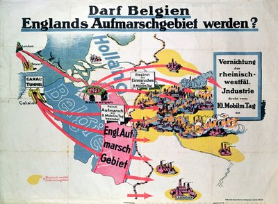 Affisch som uttrycker tysk oro över det föreslagna bygget av en kanaltunnel som förbinder Belgien och England, ca 1914-18 av German School