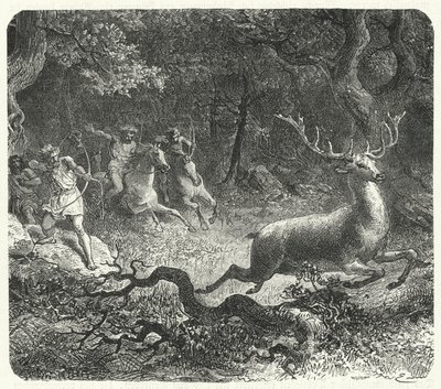 Förhistoriska män som använder hästar för att jaga (gravyr) av German School