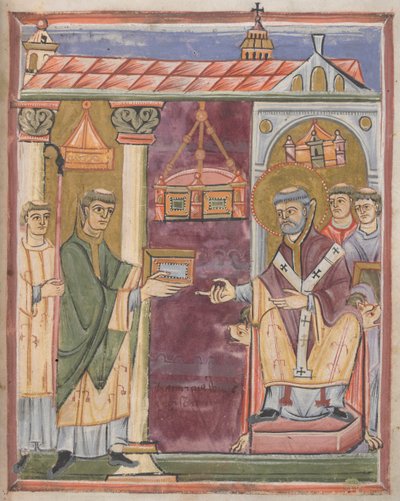 Präst presenterar en bok [till St. Augustine?] av German School