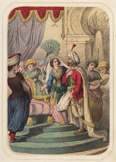 Prins Agib i en scen från Tusen och en natt (färg litho) av German School