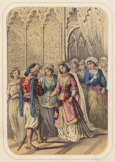 Prins Ahmed och prinsessan Paribanou i en scen från Tusen och en natt (färg litho) av German School