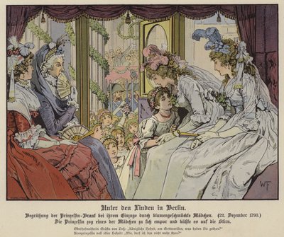 Prinsessan Louise av Mecklenburg-Strelitz kysser en av flickorna vid Unter Den Linden för att hälsa på hennes ankomst till Berlin för hennes äktenskap med kronprins Fredrik III av Preussen, 22 december 1793 (färg litho) av German School