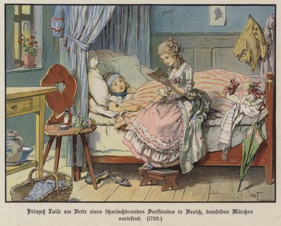 Prinsessan Louise av Mecklenburg-Strelitz läser vid sängen hos en sjuk byflicka i Broich av German School