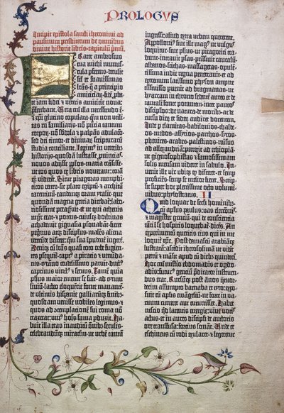 Prolog folio med guld och grön bokstav "F", och kant av löv, blommor, vinstockar och fåglar, 1455 av German School
