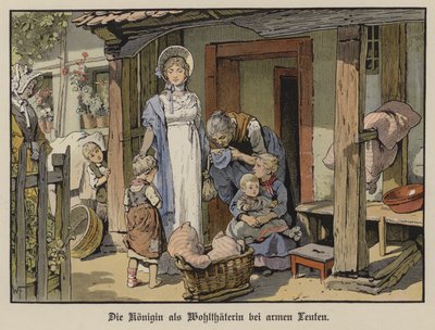 Drottning Louise av Preussen, välgörare åt de fattiga (färg litho) av German School