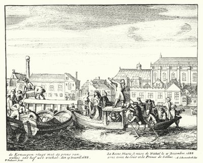 Drottning Mary, gemål till kung James II, flyr England med prinsen av Wales och hela hennes hov, december 1688 (gravyr) av German School
