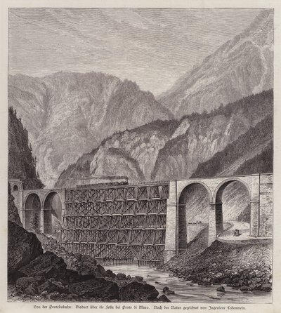 Järnvägsviadukt över floden Fella vid Ponte di Muro, Friuli, Italien (gravyr) av German School