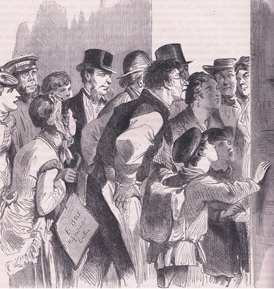 Läser nyheterna i Berlin, Cassells historia om kriget mellan Frankrike och Tyskland publicerad av Cassell and Company Limited, ca 1890 (litho) av German School