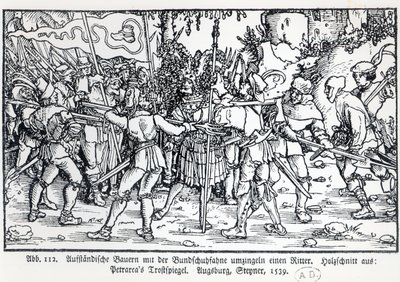 Rebelliska bönder som omger en riddare, från en illustration till Trostspiegel av Petrarch, 1539 av German School