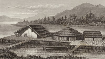 Rekonstruktion av en gammal sjöby. Illustration för Bilder-Atlas (gravyr) av German School