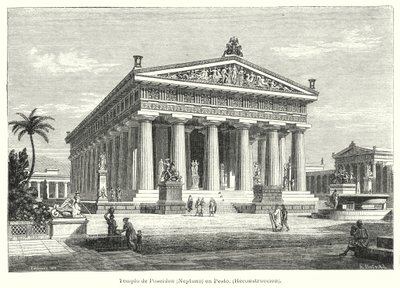 Rekonstruktion av det antika grekiska templet Poseidon, Paestum, Italien (litho) av German School