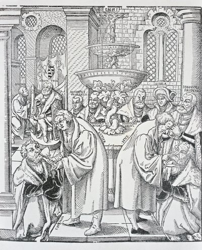 Reformatorerna Martin Luther och Jan Hus administrerar nattvarden (gravyr) av German School
