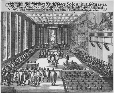 Reichstag of Regensburg i den stora rådssalen, Regensburg av German School