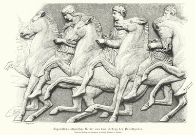Relief från Parthenonfrisen föreställande atenska ungdomar som rider på hästar (gravyr) av German School
