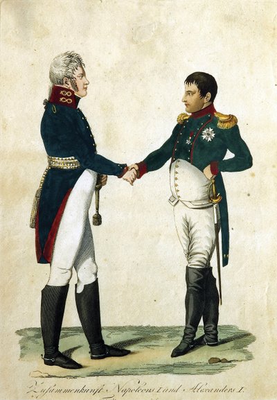 Möte mellan Napoleon (1769-1821) och tsar Alexander I (1777-1825). (Möte av Napoleon och Alexander I). Anonymt arbete, gravyr och akvarell av German School