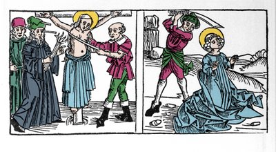 Representation av martyrskapet av Saint Seraphia (Serapia) (Seraphia of Syrien), kristen av det 2: a århundradet. Gravyr från "Leben der Heiligen - sommerteil" (Helgonets bok) av Jacobus (James) av Voragine (1228-1298). Lübeck 1488. av German School