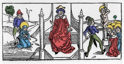 Representation av martyrdöden för Saint Symphorose, en kristen från 2000-talet, och hennes sju söner, under kejsar Hadrianus regering. Gravyr från "Leben der Heiligen - sommerteil" (Helgonets bok) av Jacobus (James) av Voragine (1228-12) av German School