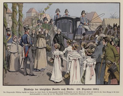 Den preussiska kungafamiljens återkomst till Berlin, 23 december 1809 (färg litho) av German School