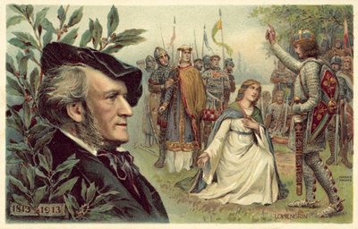 Richard Wagner och en scen ur hans opera Lohengrin av German School
