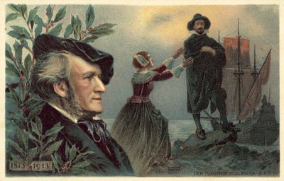 Richard Wagner och en scen från hans opera Den flygande holländaren av German School