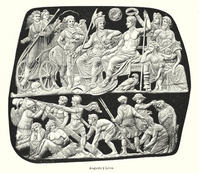 Romerske kejsaren Augustus och hans tredje fru, Livia (litho) av German School