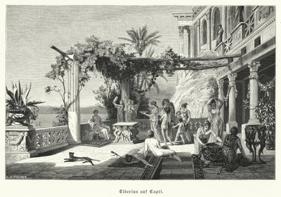 Romerske kejsaren Tiberius på ön Capri (gravyr) av German School