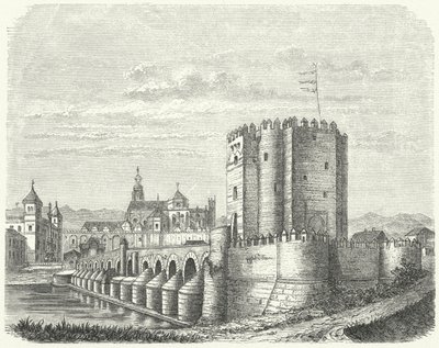 Romersk bro och stora moskén i Cordoba, Spanien (gravyr) av German School