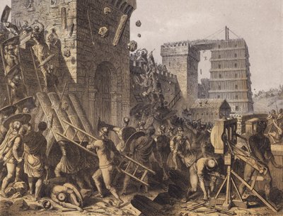 Romerska soldater stormar en fästning (färglitografi) av German School