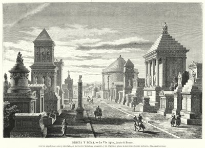 Romerska gravar längs Appian Way vid tremilsmarkeringen (litho) av German School