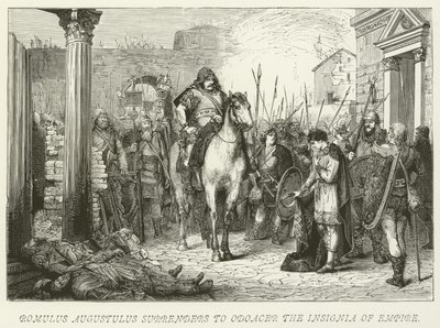 Romulus Augustulus överlämnar till Odoacer Imperiets insignier av German School