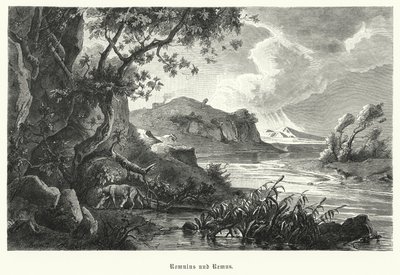 Romulus och Remus, legendariska grundare av det antika Rom, som dias av hon-vargen i vildmarken (gravyr) av German School