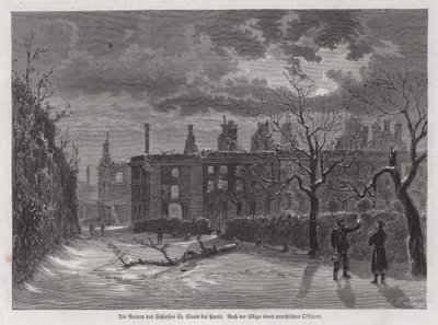 Ruinerna av Chateau de Saint-Cloud, Paris, förstördes av preussisk beskjutning 1870 under det fransk-preussiska kriget (gravyr) av German School