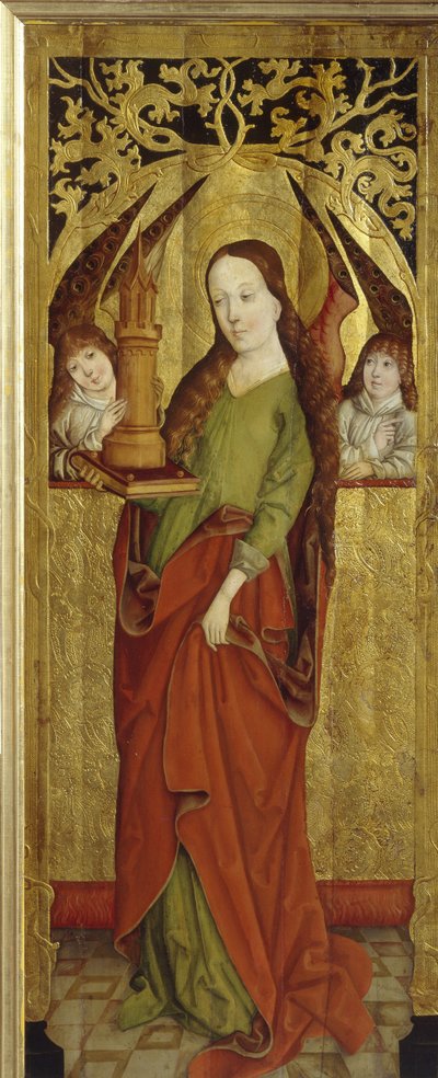 Sainte Barbe eller Barbe den store martyren (3:e århundradet). (Sankt Barbara). Bär på en platå ett torn med tre fönster. Målning av en Westfalsk mästare (verksam mellan 1470 och 1480), olja på trä, ca 1470-1480. tysk konst av German School