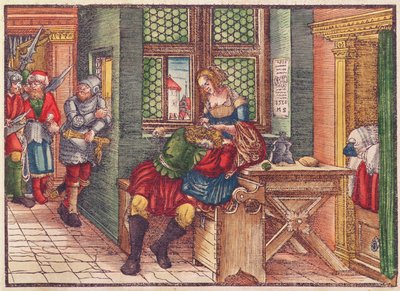 Simson och Delila, från Lutherbibeln, ca 1530 (färgat träsnitt) av German School
