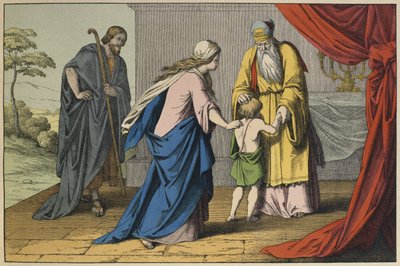 Samuel och Eli, illustration från LAncien Testament, utgiven av Jakob Ferdinand Schreiber, Esslingen (färgstick) av German School