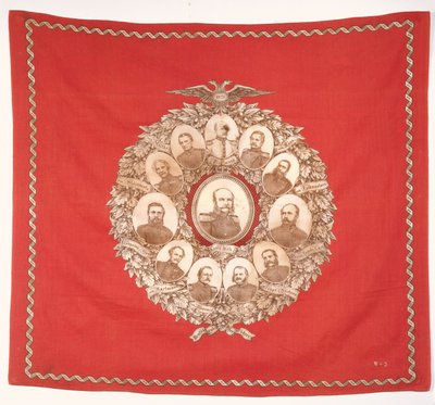 Halsduk föreställande den tyska kejsaren Wilhelm I (1797-1888) omgiven av Bismarck och segerrika marskalker för att fira det fransk-preussiska kriget, 1870 (siden) av German School