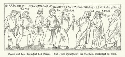 Scen från Eunuchus (The Eunuch), komedi av den romerske dramatikern Terence (litho) av German School