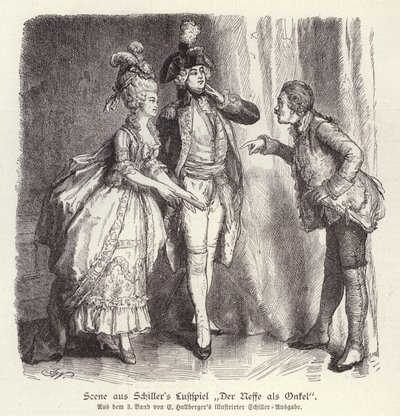Scen ur Friedrich Schillers komedi Der Neffe als Onkel (brorsonen som farbror) (gravyr) av German School