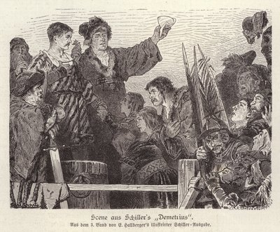 Scen från Friedrich Schillers oavslutade pjäs Demetrius (gravyr) av German School