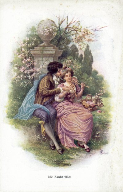 Scen från Trollflöjten (färg litho) av German School