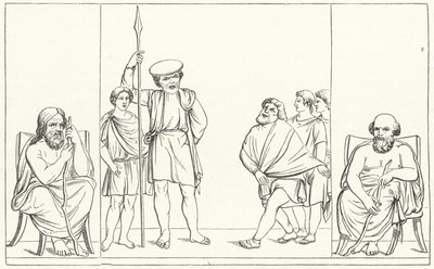Scen ur en pjäs av den romerske dramatikern Plautus (gravyr) av German School