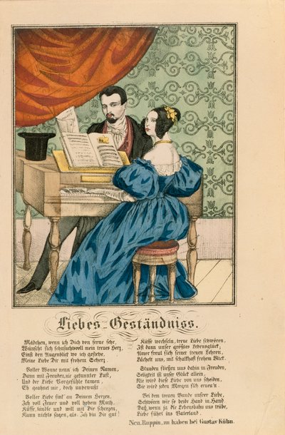 Scen som visar ett par vid pianot, med en kärleksdikt skriven under, från Neuruppiner Bilderbogen, 1850 av German School
