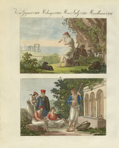 Scener från Grekland (färgad gravyr) av German School
